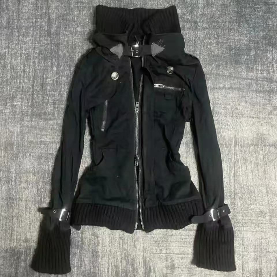 Embroidery Zip Up Hoodie - Chaqueta de Motociclista Informal con Cuello